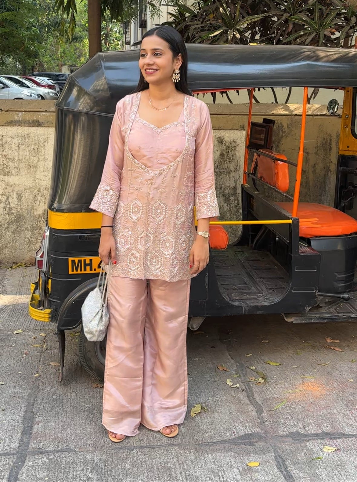 Peach Tissue Indo-Western Set- Blouse Kurta and Palazzo - Kurti Pant Set