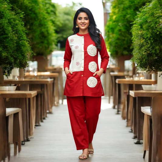 Red Cotton Co-Ord Set with Applique Work
