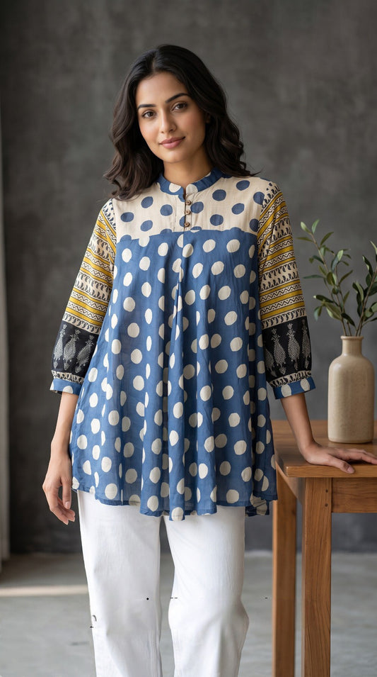 Blue beige Polka Dot Print Fusion A-Line Kurti