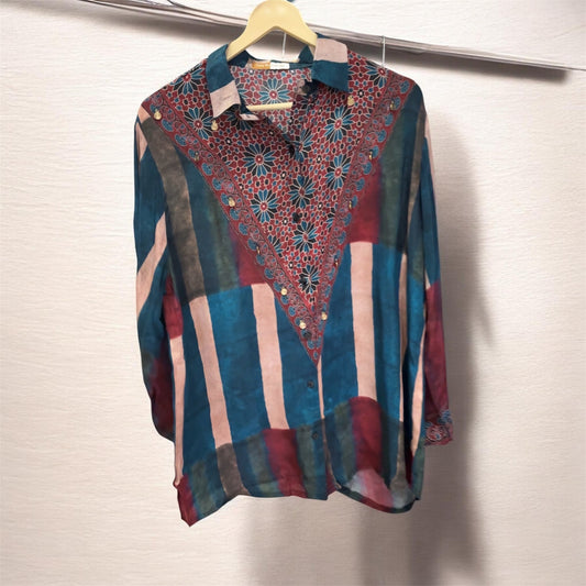 Blue and Beige Stripe Ajrakh printed Shirt