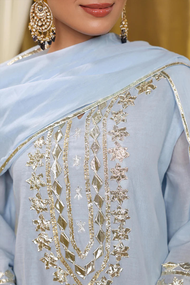 Powder Blue Mulmul Gota Handwork Kurta Gharara And Dupatta Set
