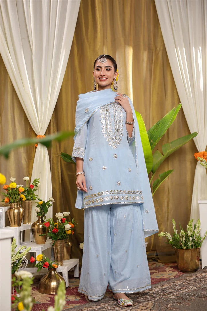 Powder Blue Mulmul Gota Handwork Kurta Gharara And Dupatta Set