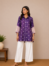 Purple Bandhej and Shibori print shirt for women in crepe fabric – front view