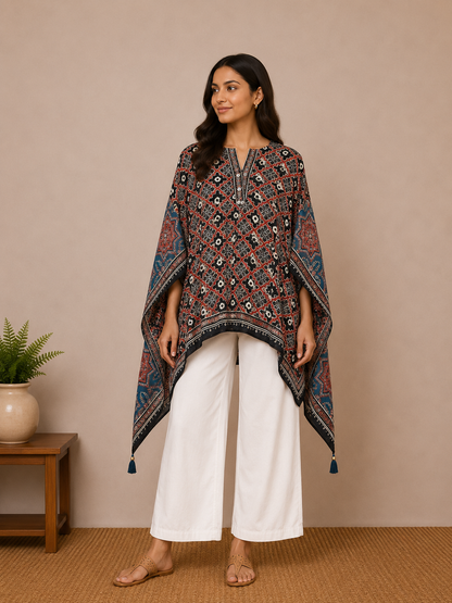 Black Floral and Ajrakh Inspired Fusion Kaftan Top