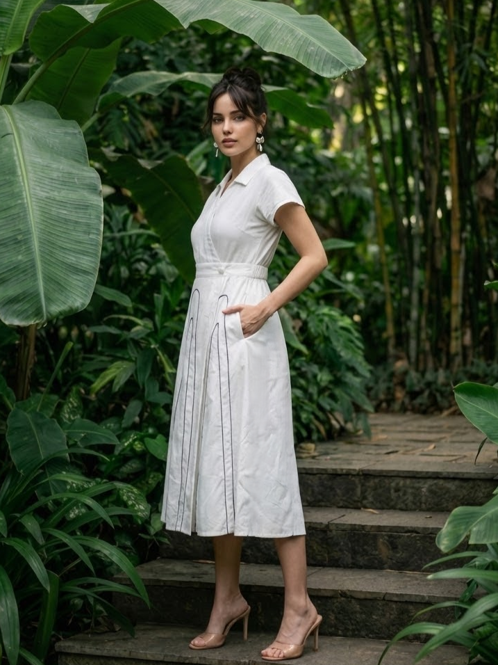 Wrap Style White Midi Dress