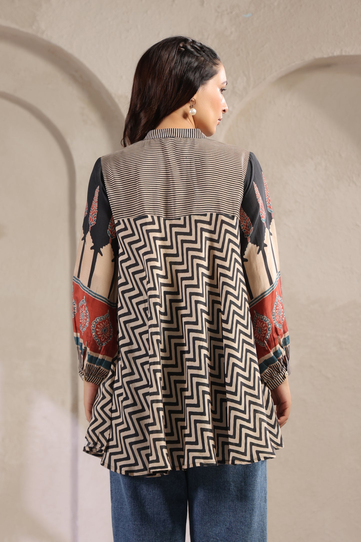 Beige & Black Printed Kurti