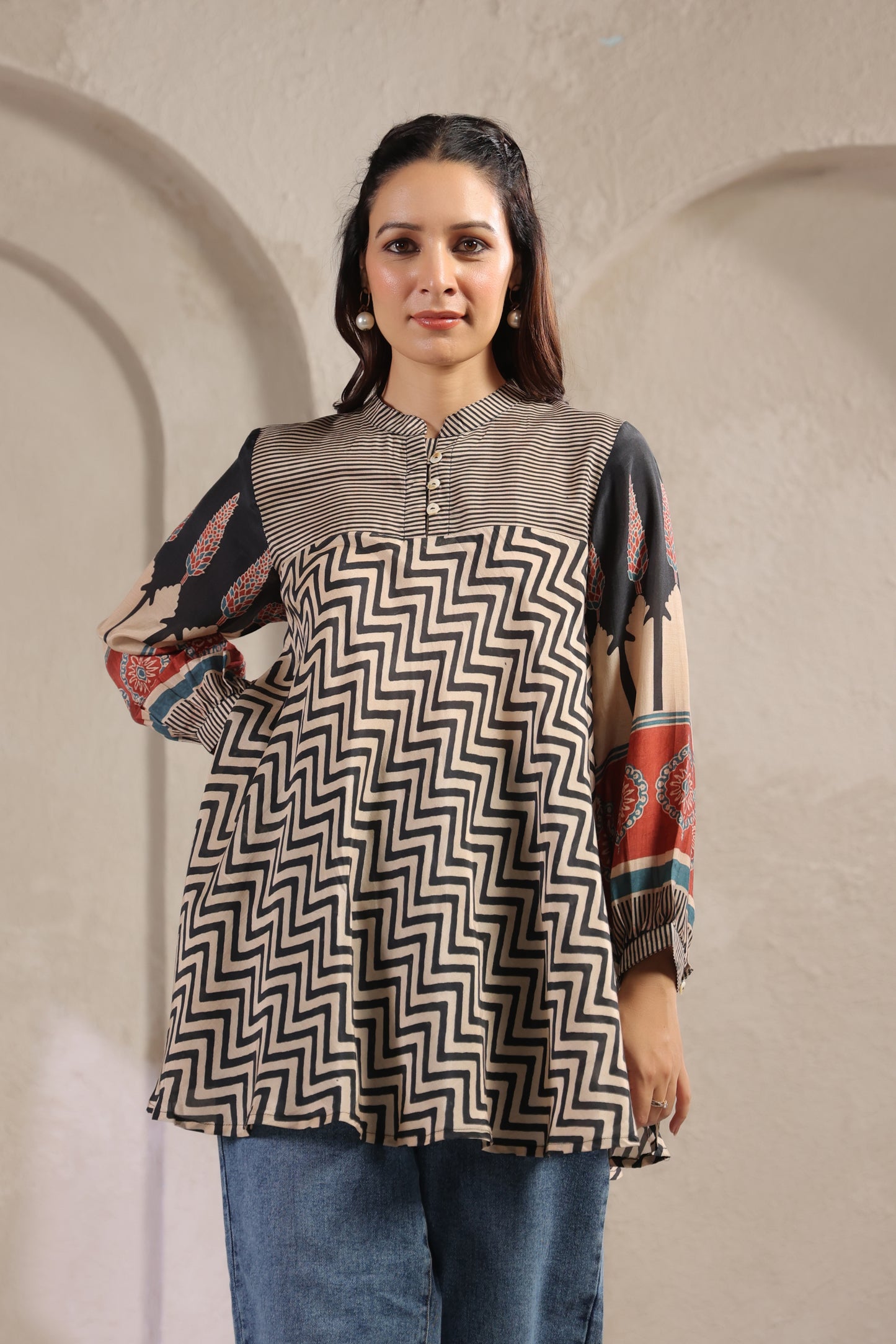 Beige & Black Printed Kurti