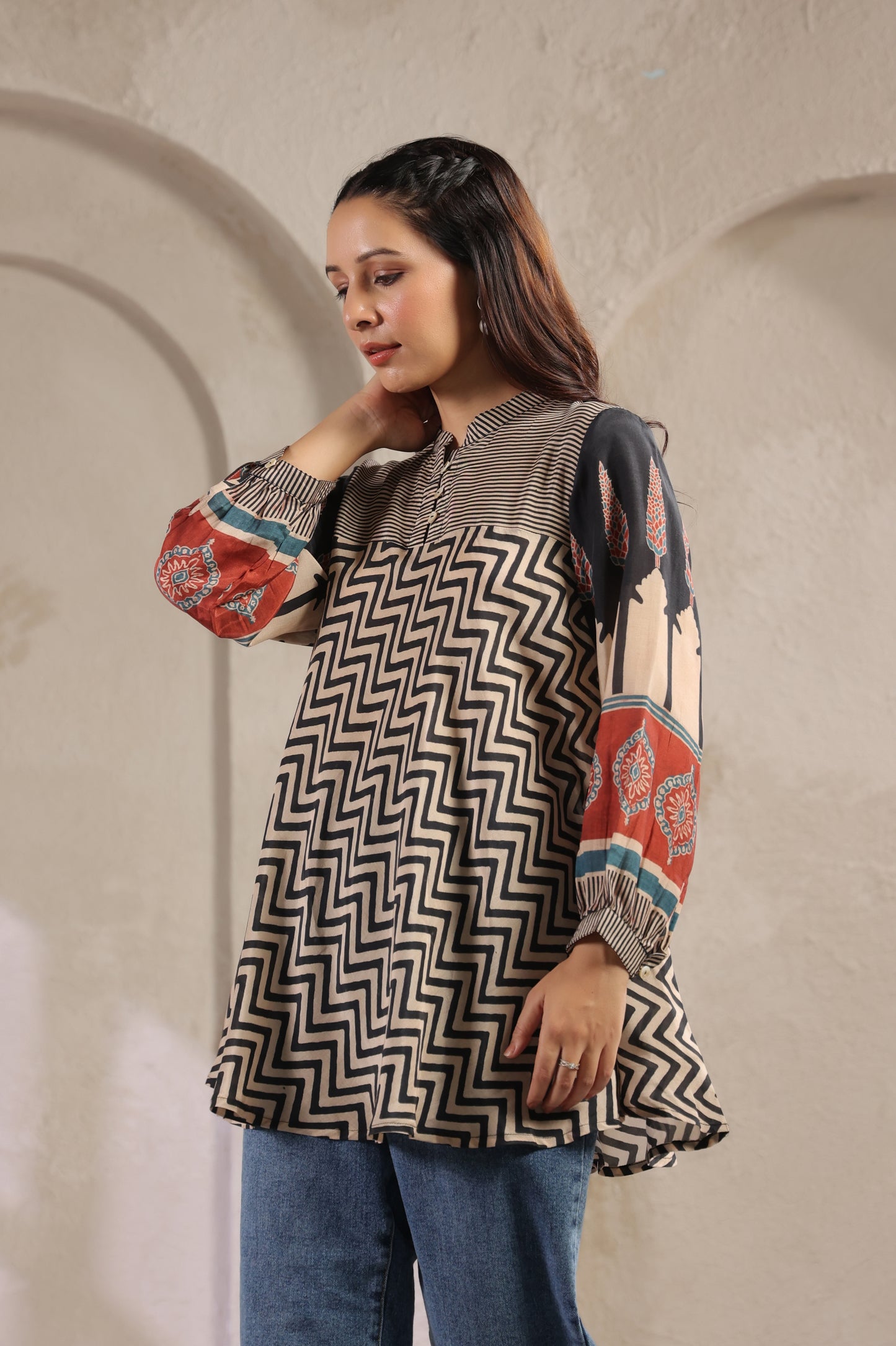 Beige & Black Printed Kurti