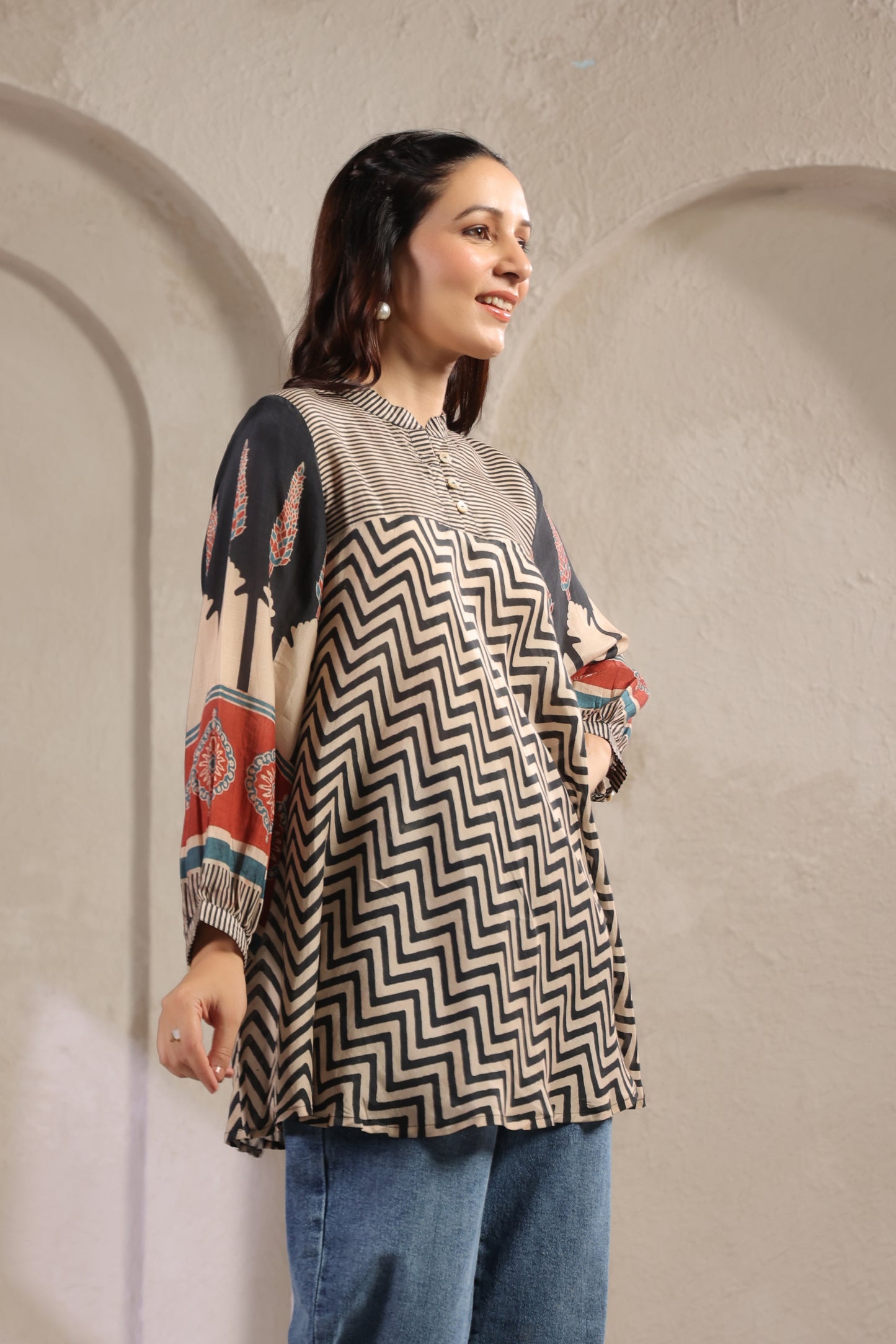 Beige & Black Printed Kurti