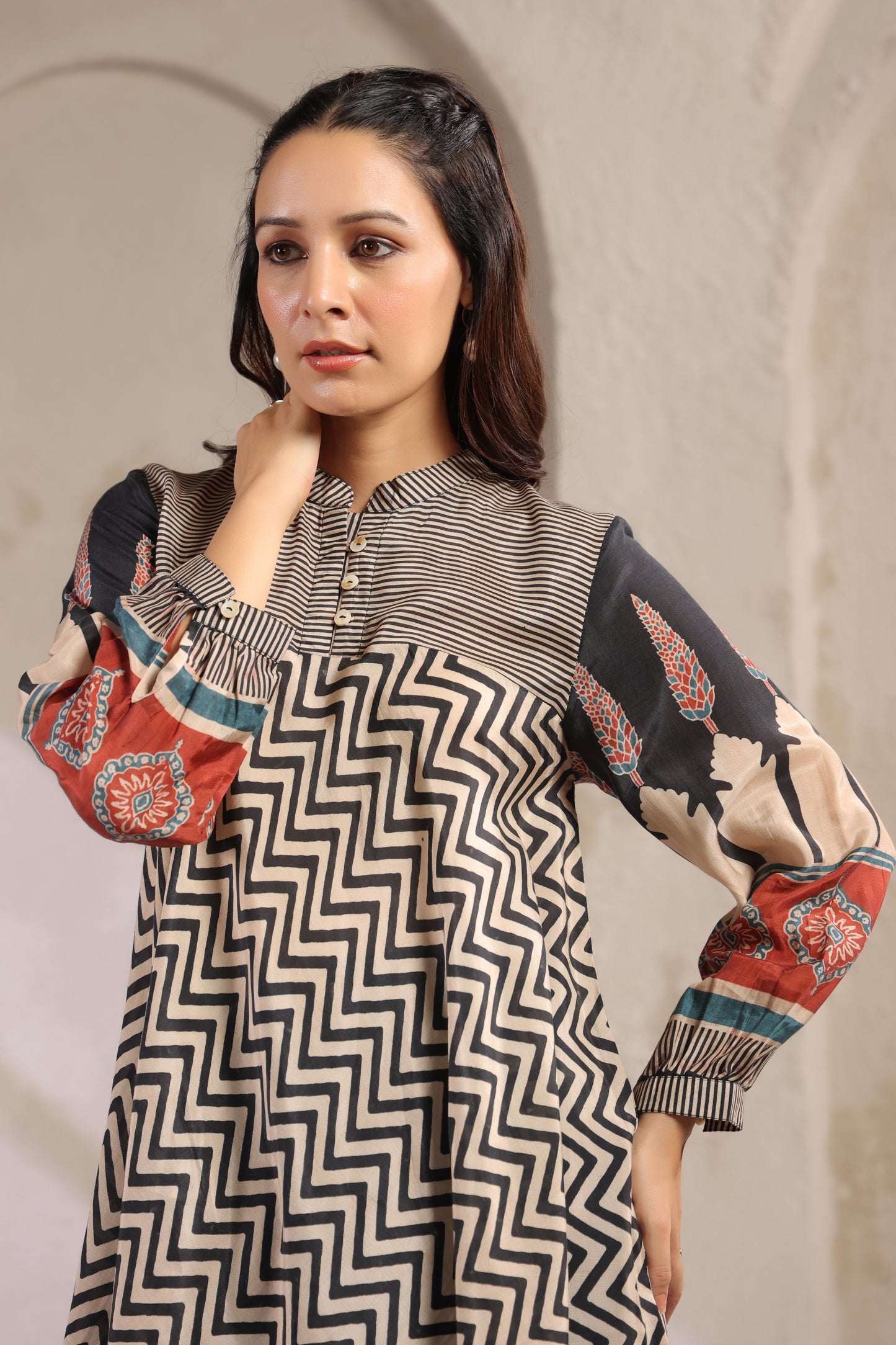 Beige & Black Printed Kurti