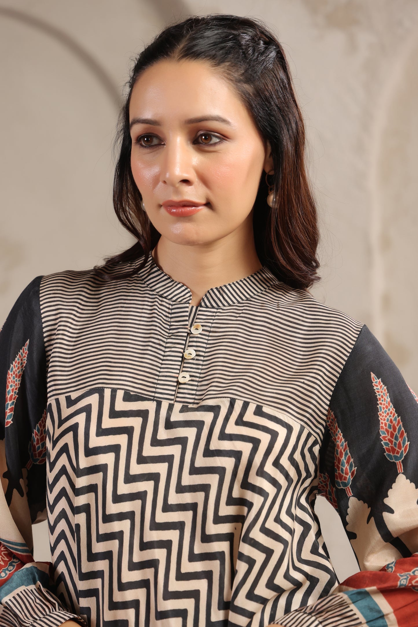 Beige & Black Printed Kurti
