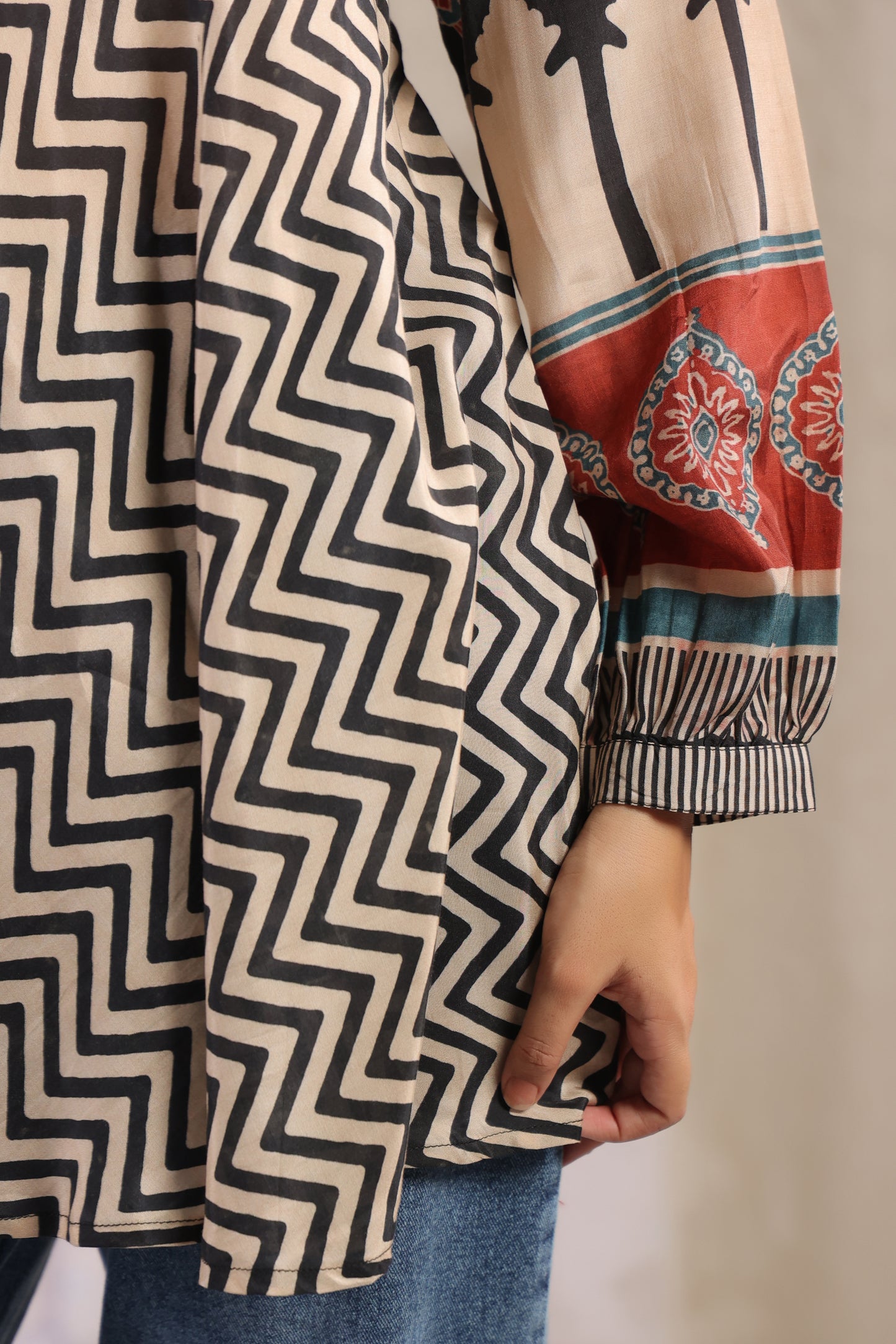 Beige & Black Printed Kurti