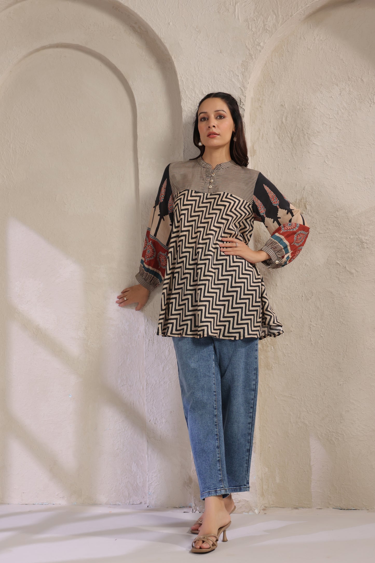 Beige & Black Printed Kurti