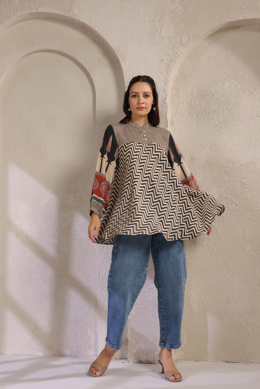 Beige & Black Printed Kurti