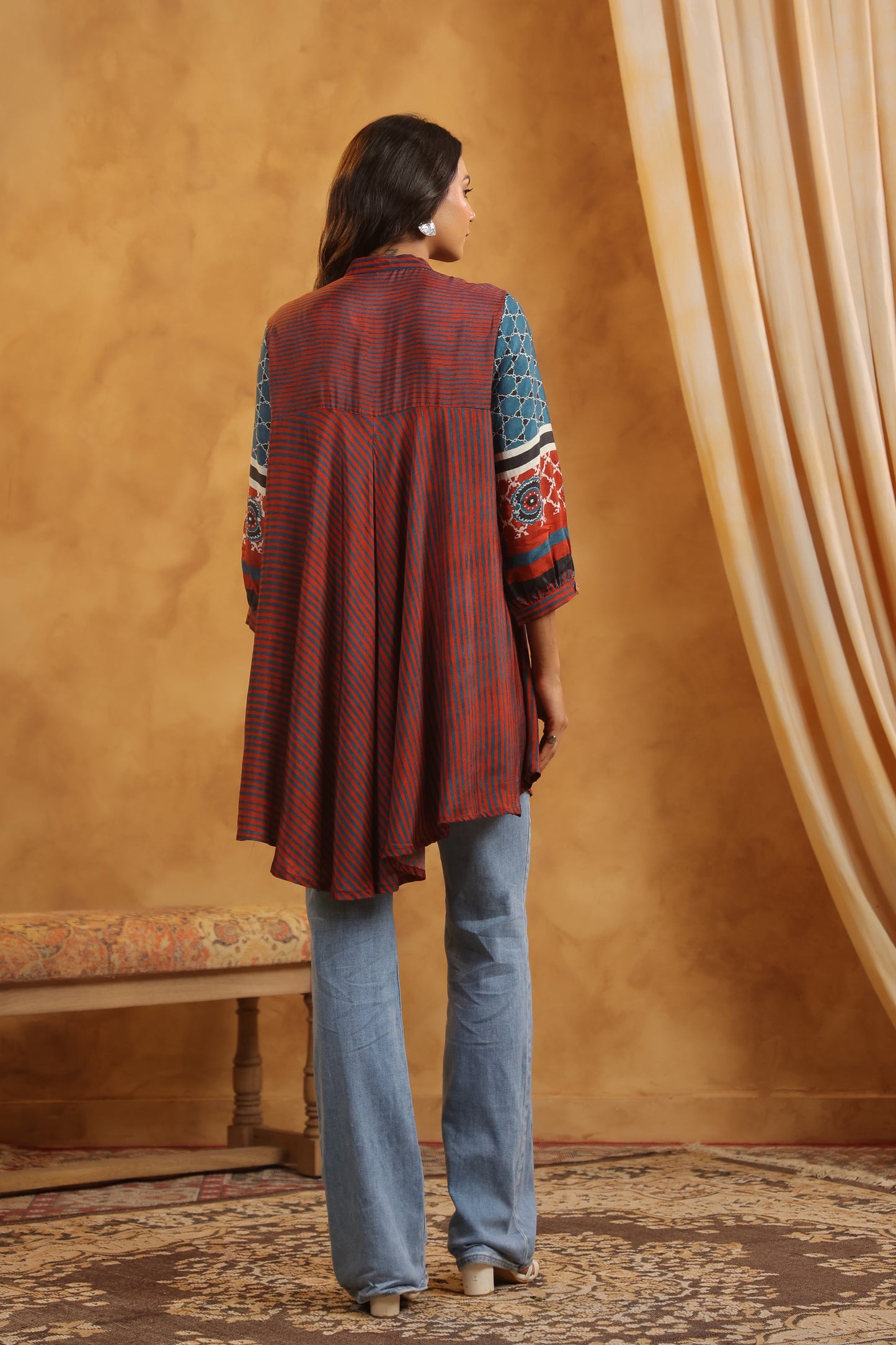 Rust Muslin Flared Kurti with Printed Sleeves for Women