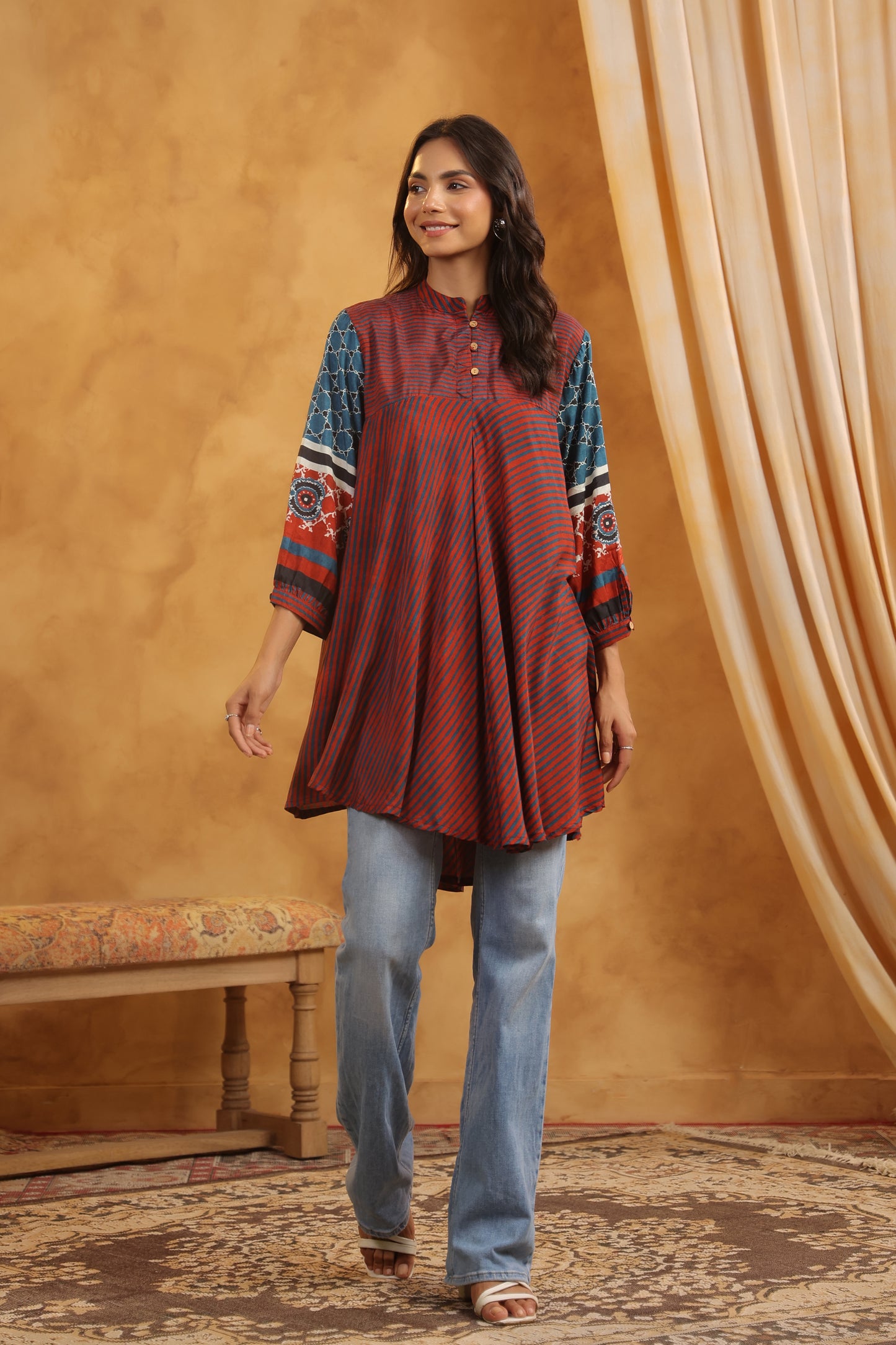 Rust Muslin Flared Kurti with Printed Sleeves for Women