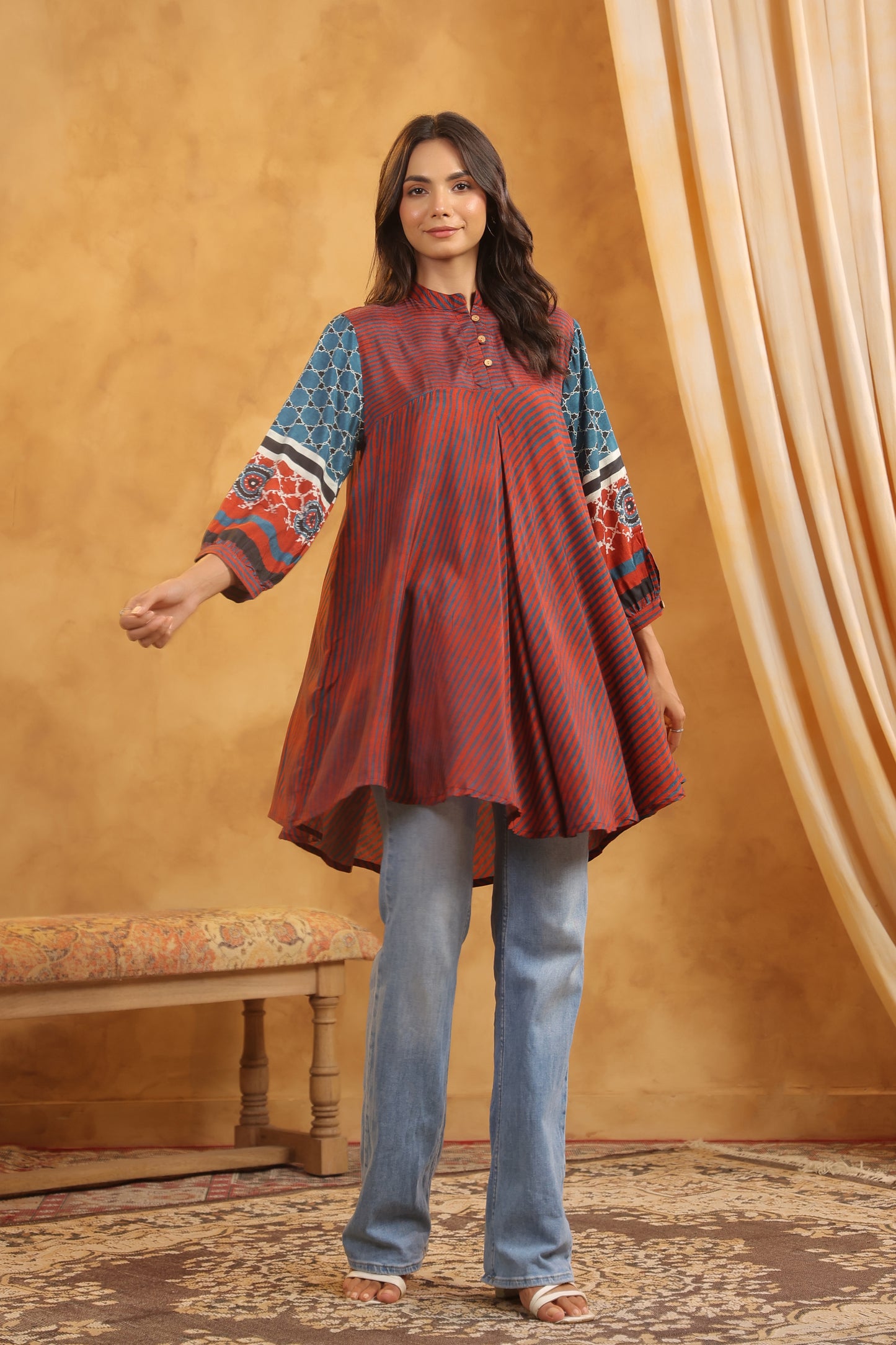 Rust Muslin Flared Kurti with Printed Sleeves for Women