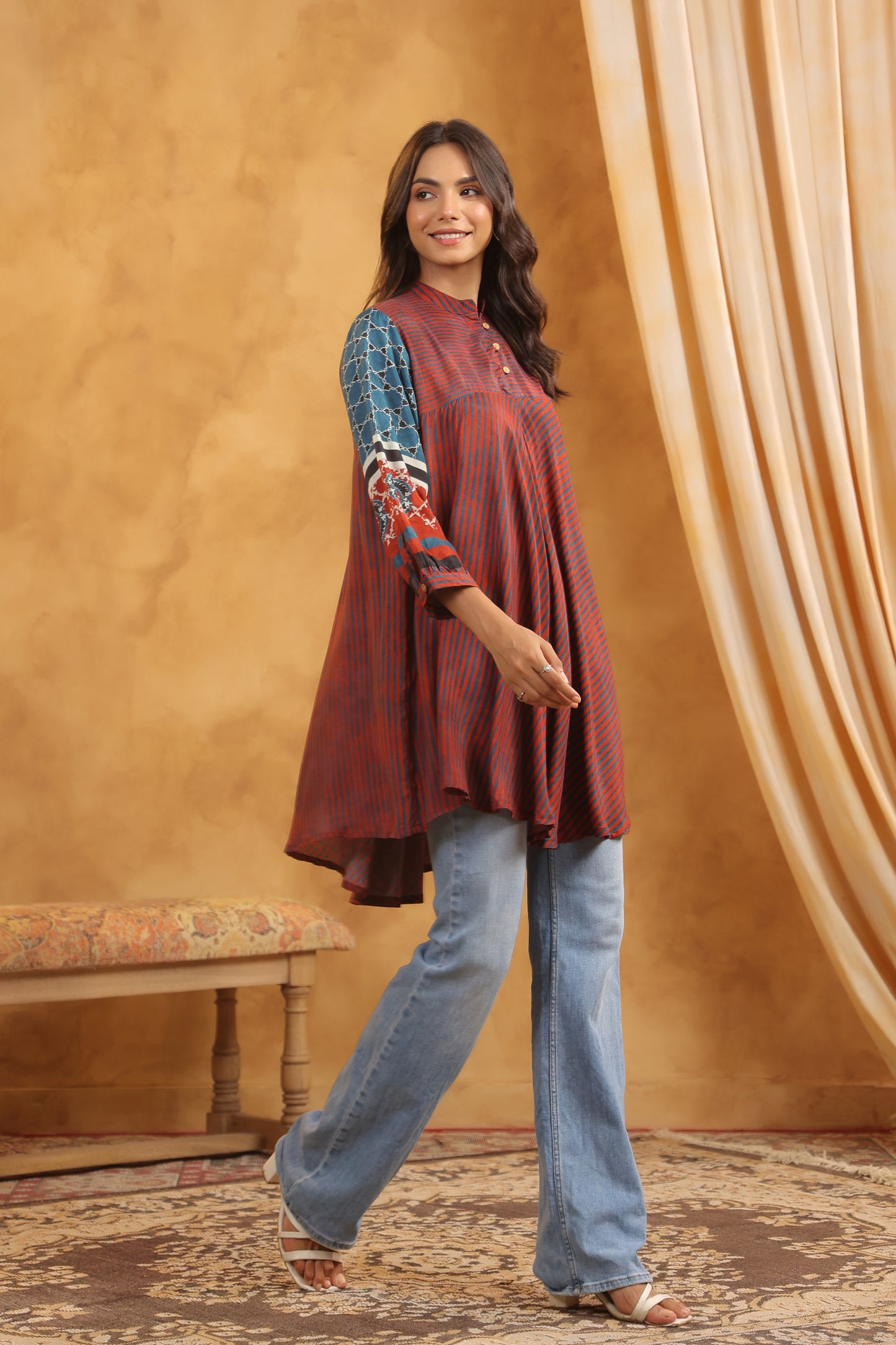 Rust Muslin Flared Kurti with Printed Sleeves for Women