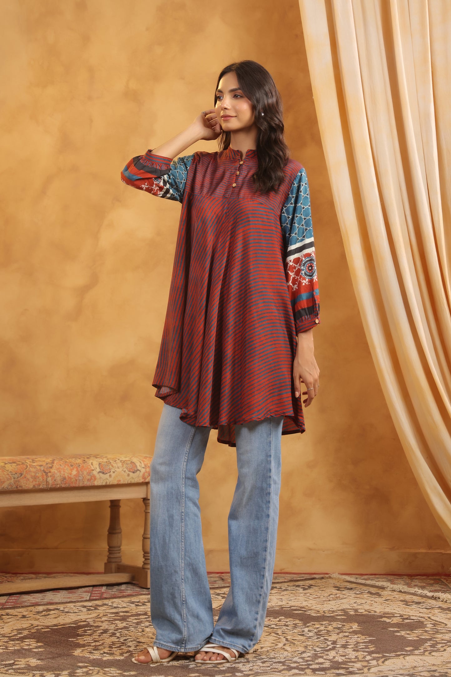 Rust Muslin Flared Kurti with Printed Sleeves for Women