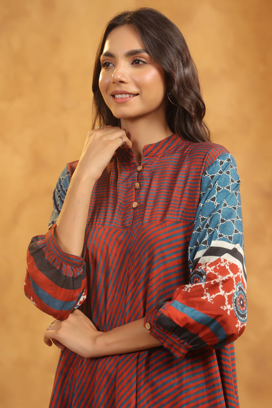 Rust Muslin Flared Kurti with Printed Sleeves for Women