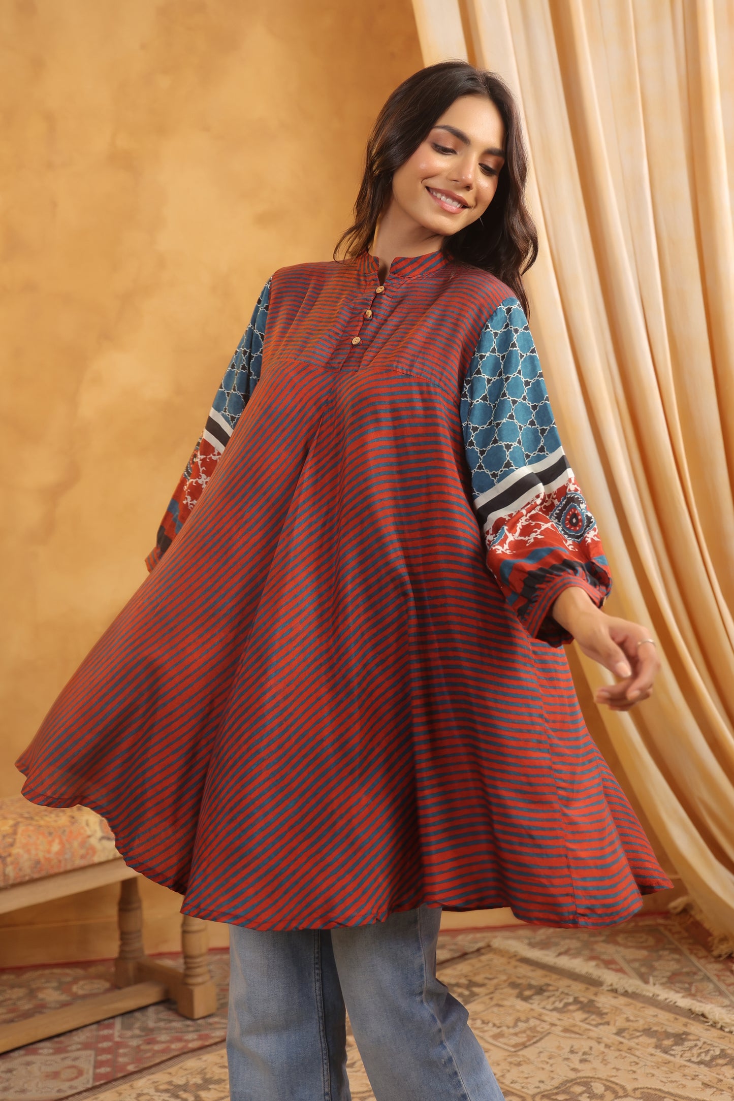 Rust Muslin Flared Kurti with Printed Sleeves for Women
