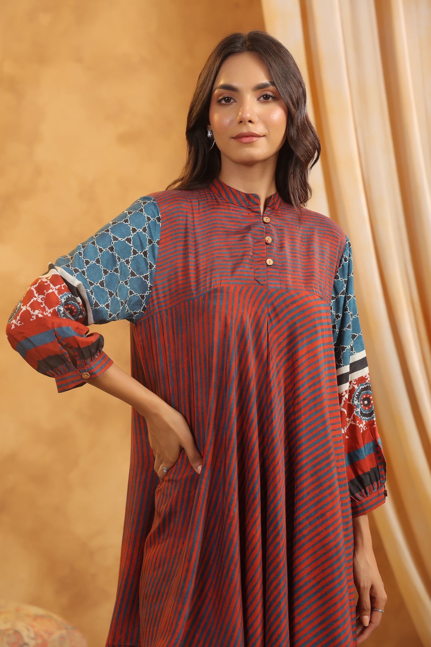 Rust Muslin Flared Kurti with Printed Sleeves for Women