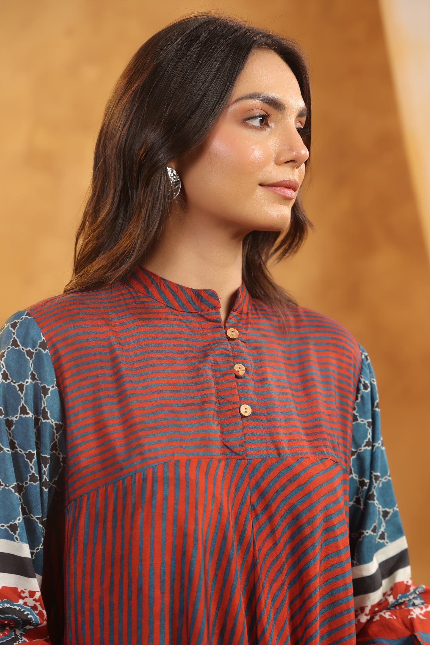 Rust Muslin Flared Kurti with Printed Sleeves for Women