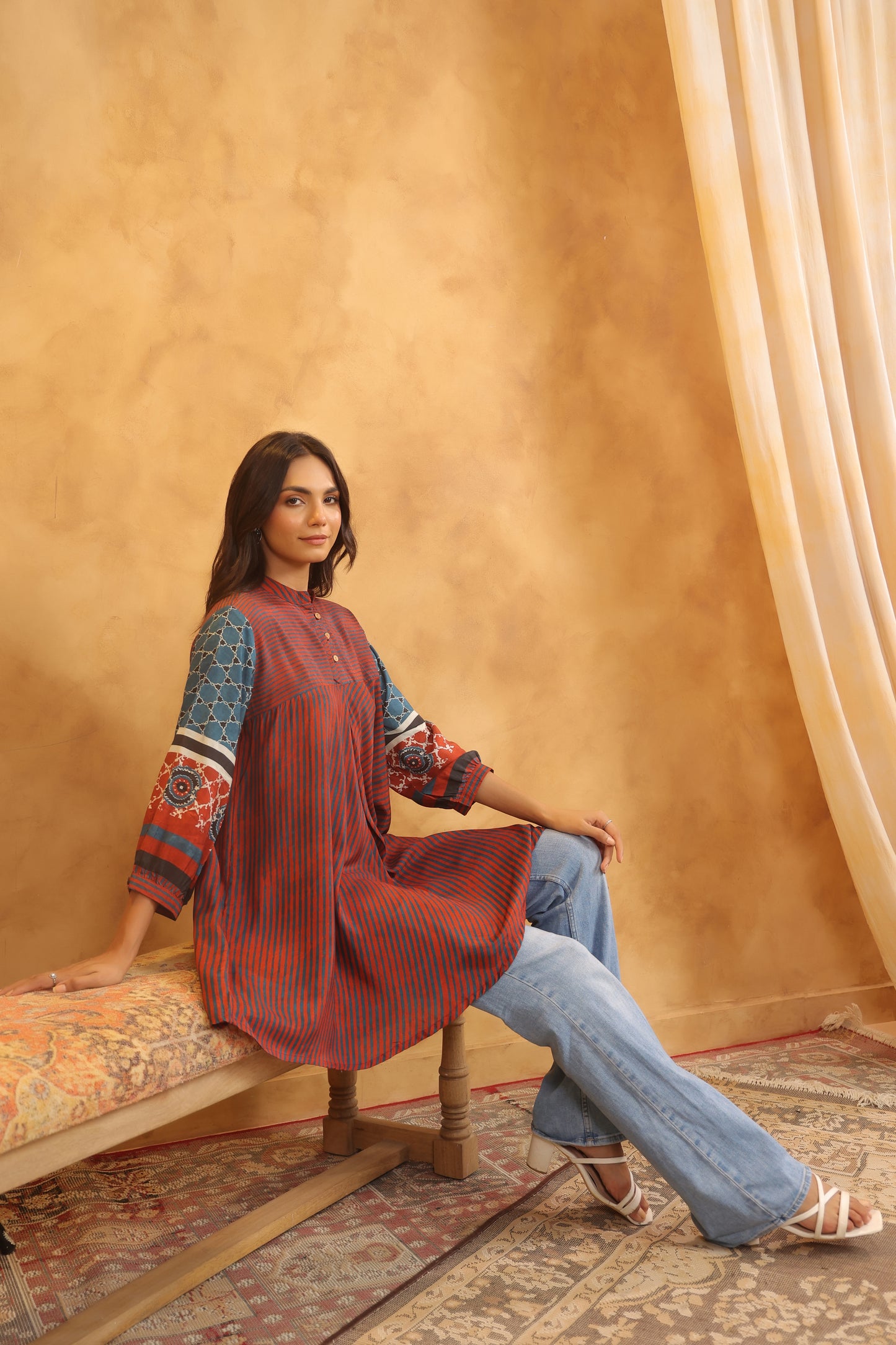 Rust Muslin Flared Kurti with Printed Sleeves for Women