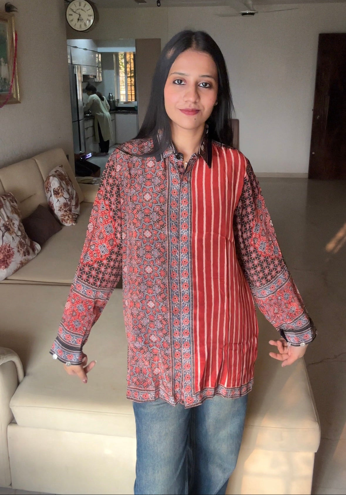 Stripe Red Ajrakh Printed Indo-Western Crepe Shirt Top - shirt