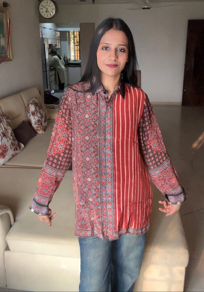 Stripe Red Ajrakh Printed Indo-Western Crepe Shirt Top - shirt