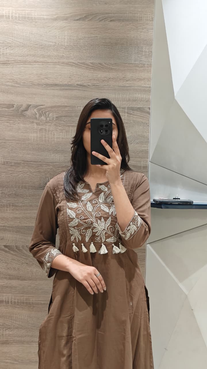 Mocha Brown Embroidered Cotton Kurta Set for Women