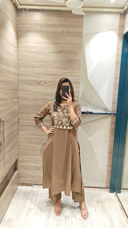 Mocha Brown Embroidered Cotton Kurta Set for Women - Suit Set Kurti Pant Dupatta Set
