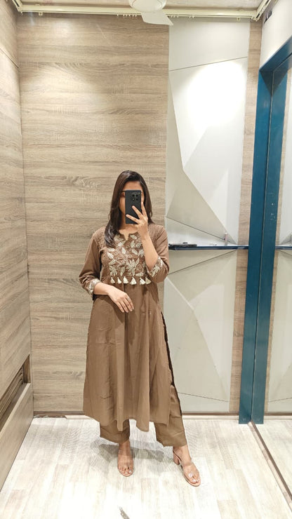 Mocha Brown Embroidered Cotton Kurta Set for Women - Suit Set Kurti Pant Dupatta Set