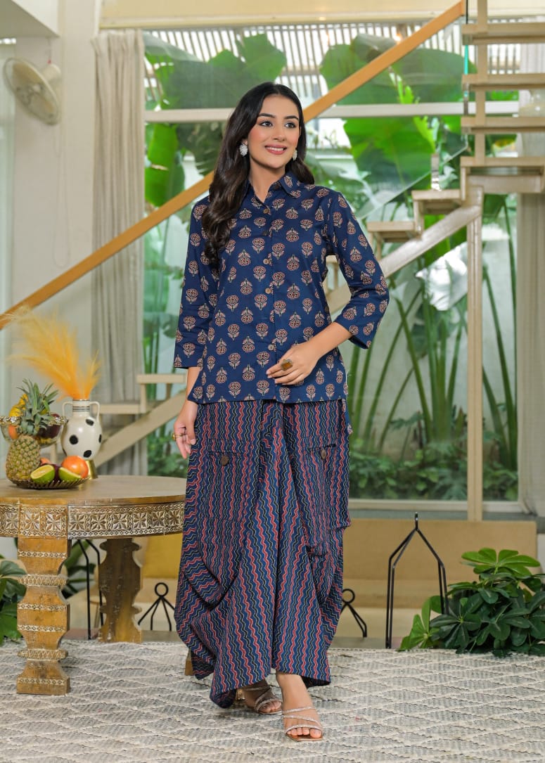 Blue Cotton Jaipuri printed Shirt with Draped pants