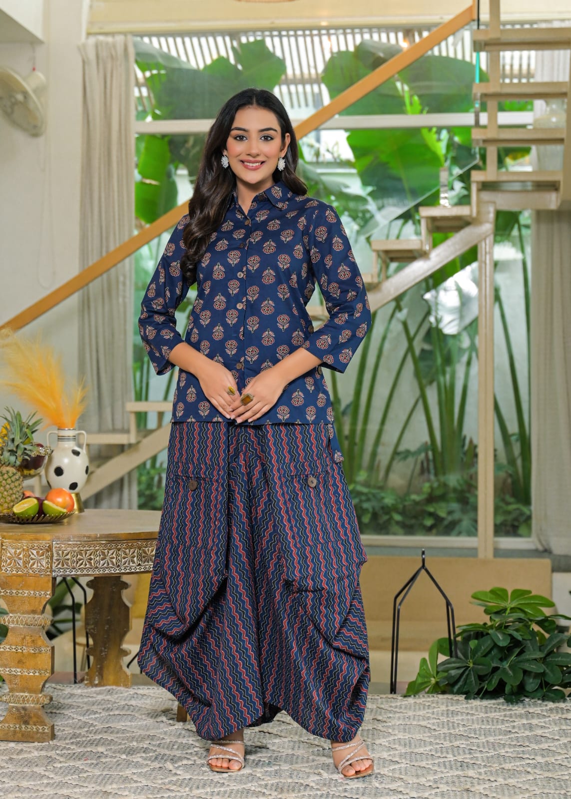 Blue Cotton Jaipuri printed Shirt with Draped pants