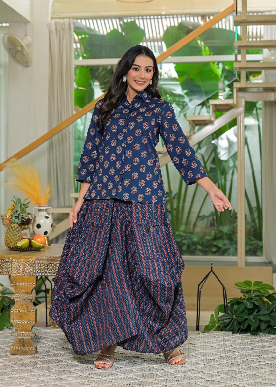 Blue Cotton Jaipuri printed Shirt with Draped pants