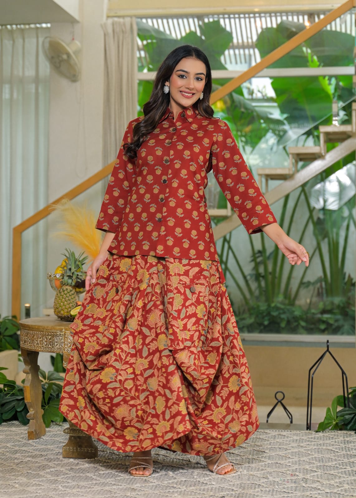 Rust Cotton Jaipuri printed Shirt with Draped pants