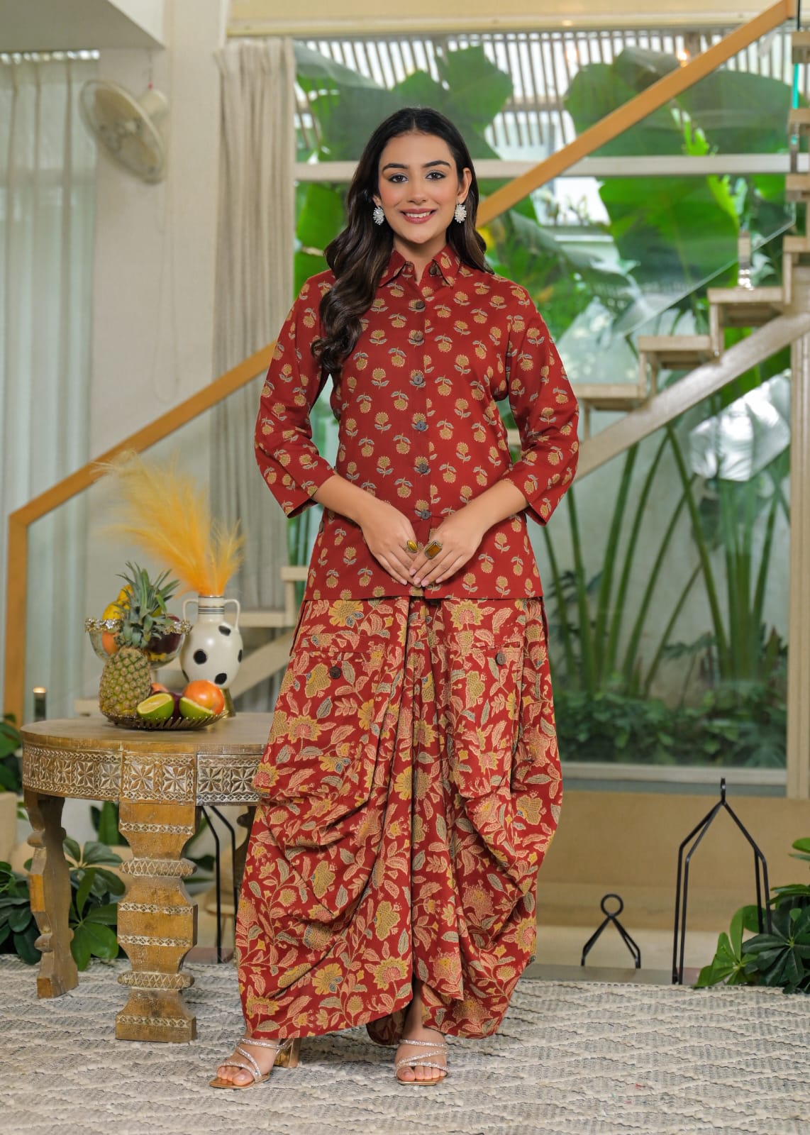 Rust Cotton Jaipuri printed Shirt with Draped pants