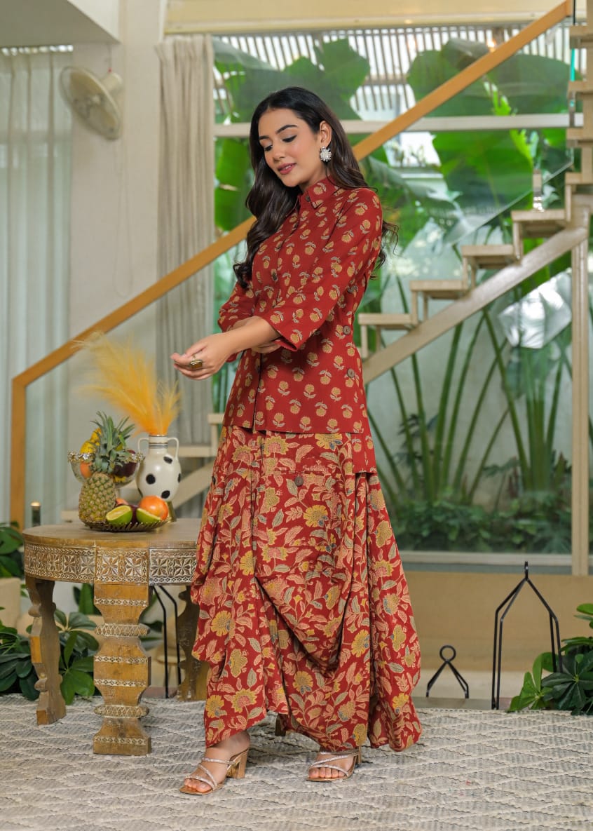 Rust Cotton Jaipuri printed Shirt with Draped pants