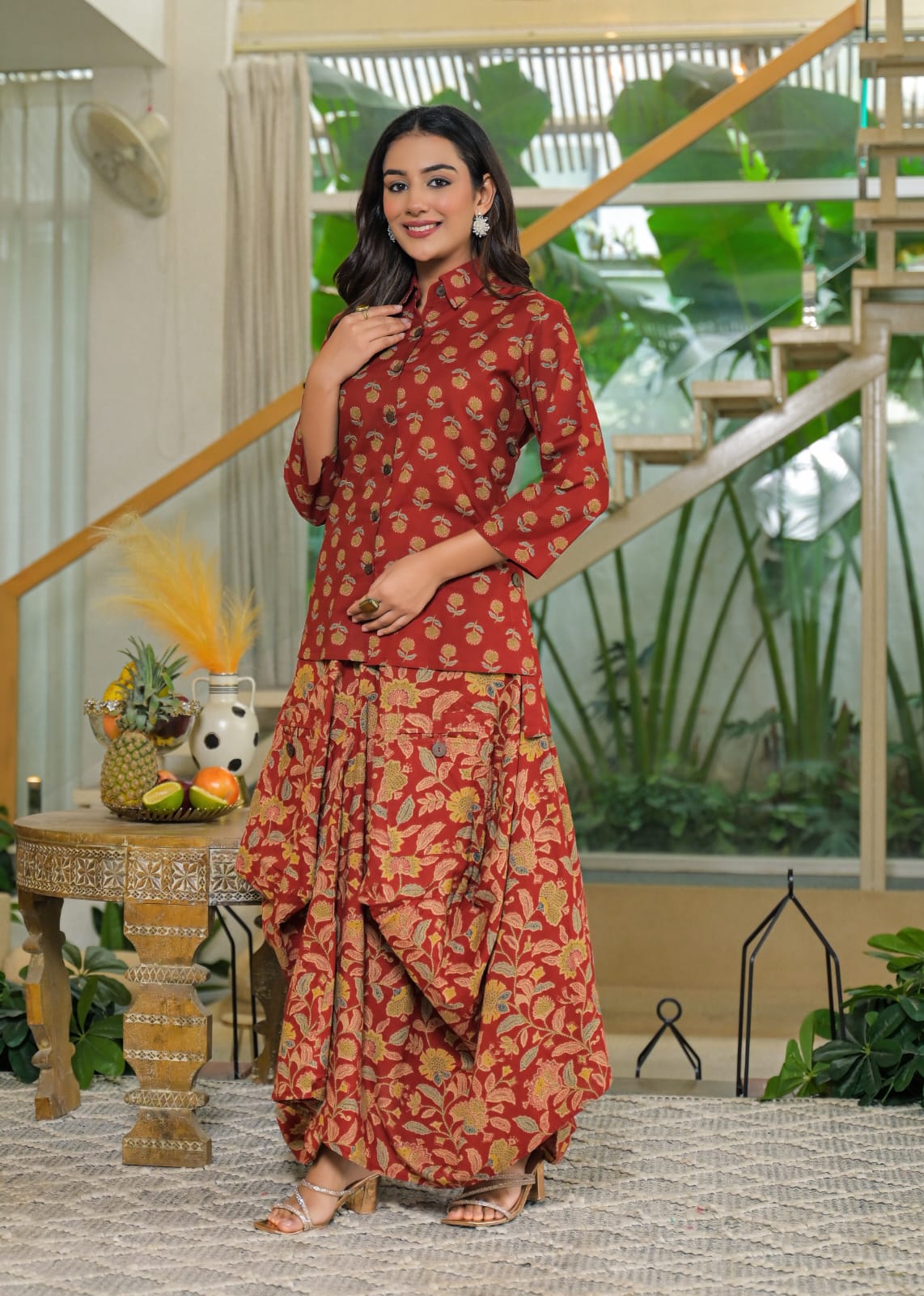 Rust Cotton Jaipuri printed Shirt with Draped pants