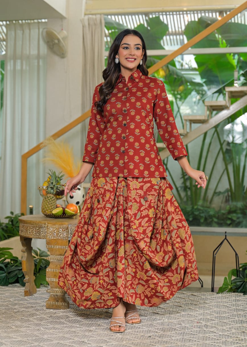 Rust Cotton Jaipuri printed Shirt with Draped pants