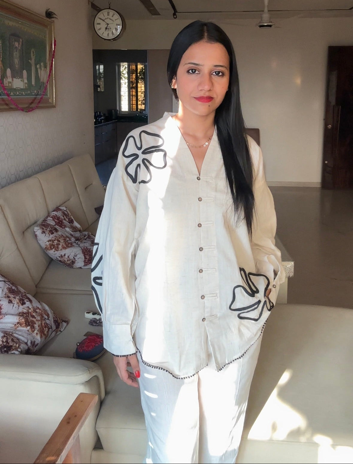 White Applique Work Cotton Flex Co-Ord Set - Coord Set for Women