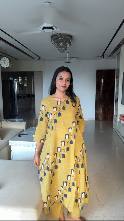 Asymmetric  Jharoka Cotton Printed Kurta Pant Set