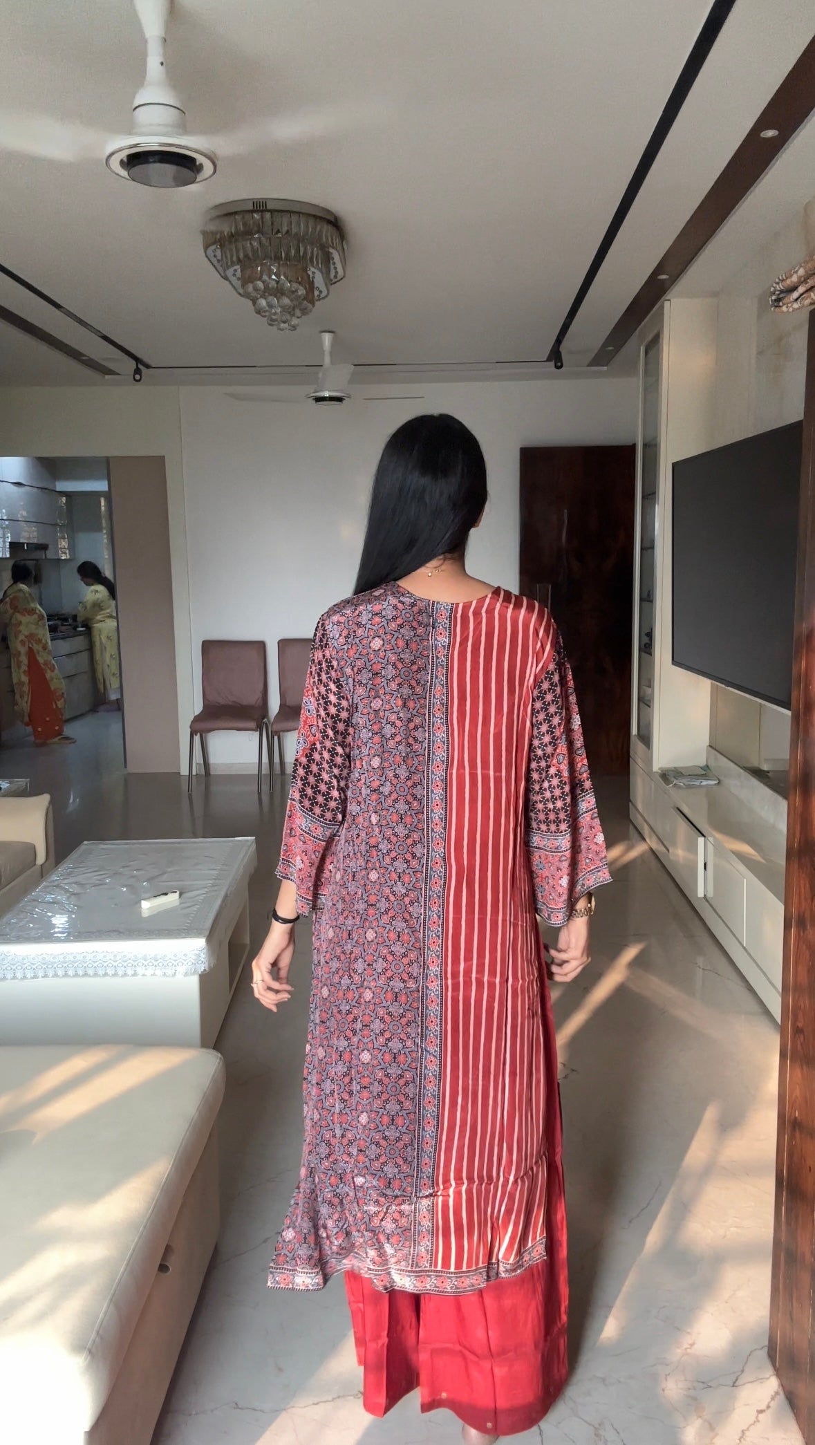 Ajrakh Print Kurta Pant set- Red and Brown Colour - Kurti Pant Set