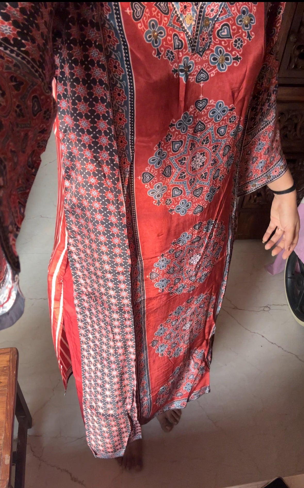 Ajrakh Print Kurta Pant set- Red and Brown Colour - Kurti Pant Set