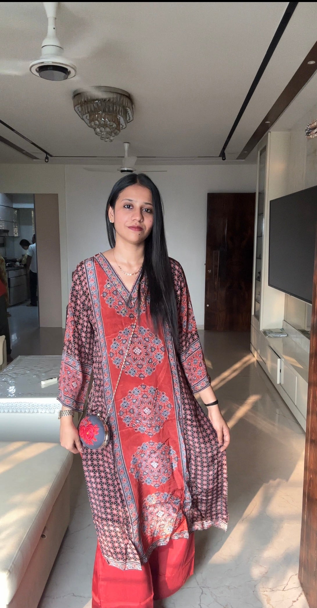 Ajrakh Print Kurta Pant set- Red and Brown Colour - Red / M - Kurti Pant Set