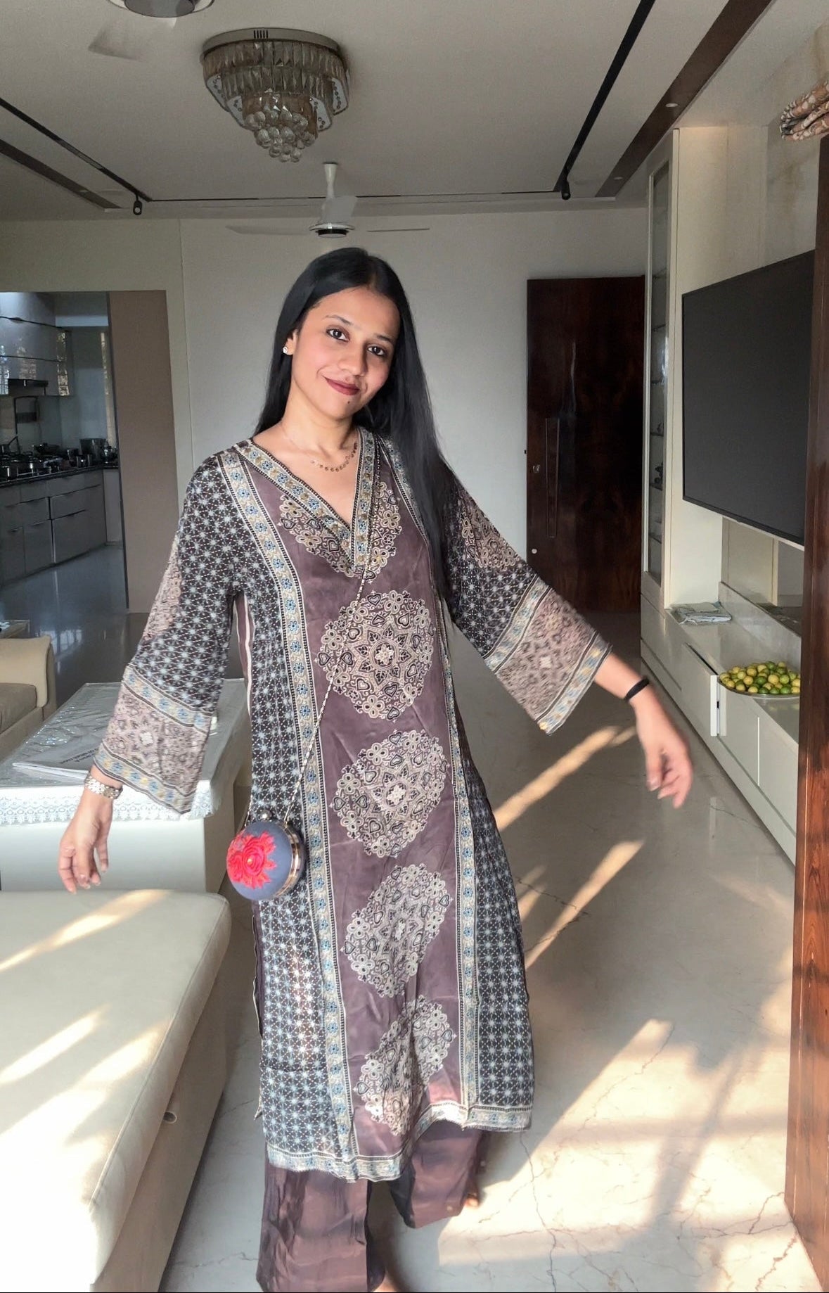 Ajrakh Print Kurta Pant set- Red and Brown Colour - Brown / M - Kurti Pant Set