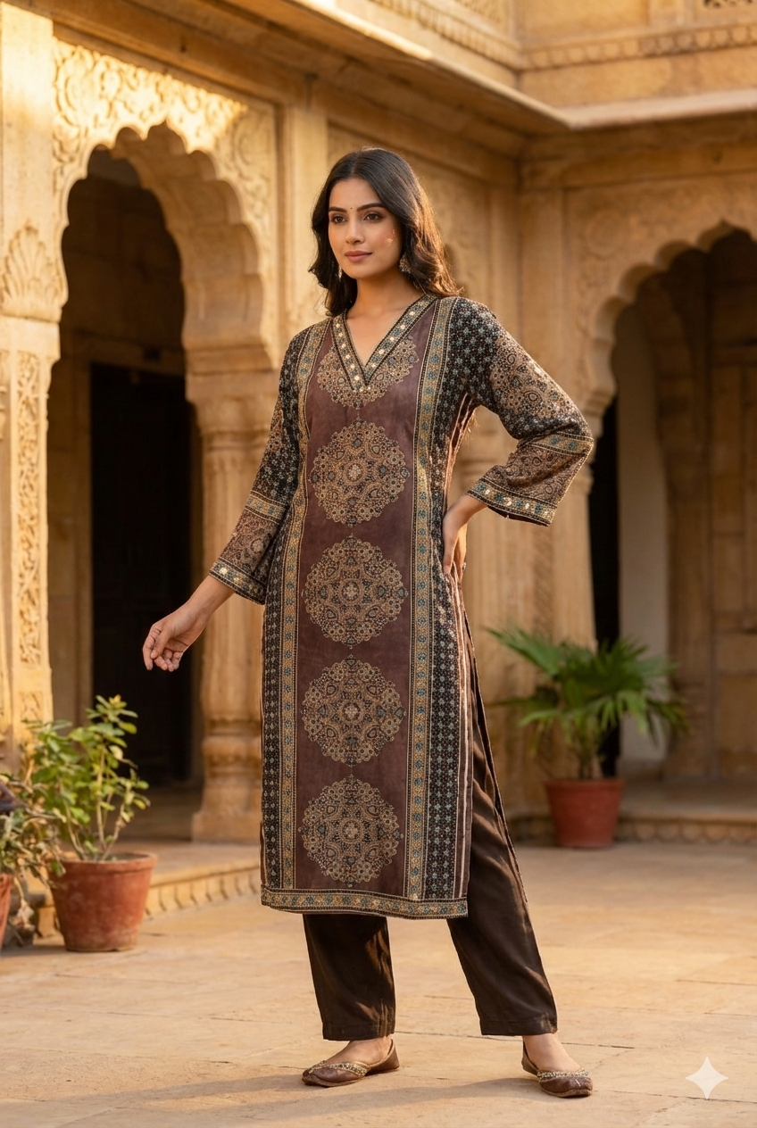 Ajrakh Print Kurta Pant set- Red and Brown Colour - Kurti Pant Set