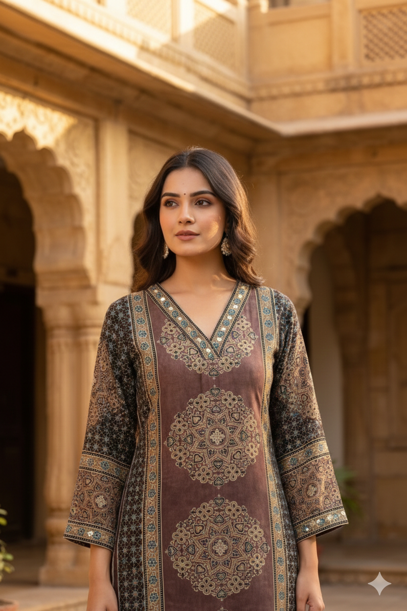 Ajrakh Print Kurta Pant set- Red and Brown Colour - Kurti Pant Set