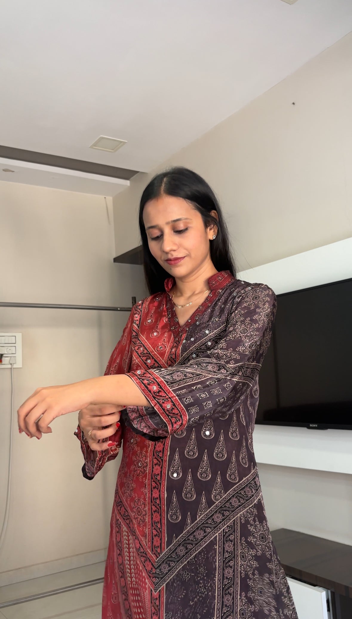 Ajrakh Print Mirror work Kurta Pant set- Red/Brown and Brown/Blue Colour - Kurti Pant Set